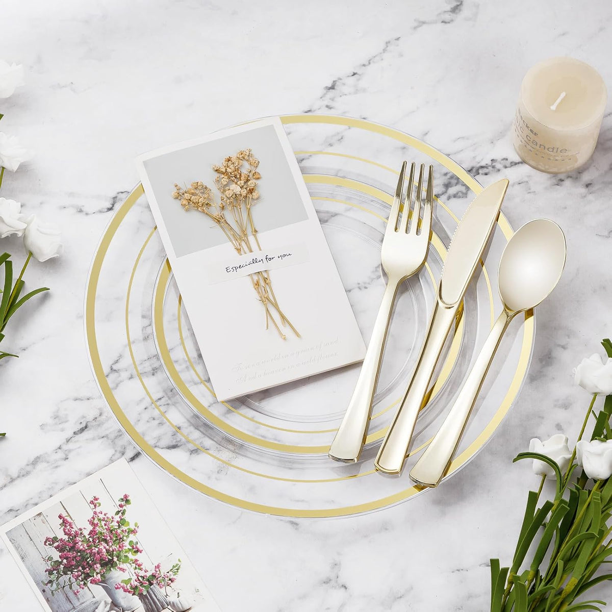 BESTVIP 600PCS Clear Gold Plastic Plate Set (100 Guests), Plastic Plates for Party Wedding Birthday, Disposable Dinnerware Set of 200 Plates, 200 Forks, 100 Spoons, 100 Knives for Christmas