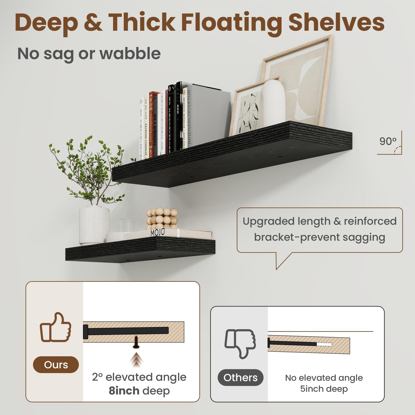 Axeman Square Floating Shelves for Wall, 8" W x 8" D x 1.4" H Rustic Wooden Wall Shelves, 4 Pack Wall Mounted Floating Shelf with Invisible Brackets for Living Room, Bathroom, Kitchen, Black Color
