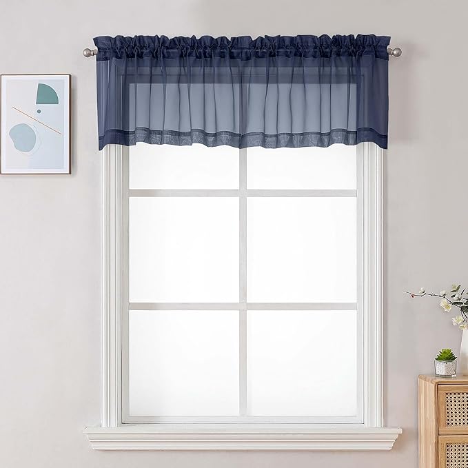 Chyhomenyc Navy Blue Sheer Valances for Windows - Light Filtering Small Kitchen Curtains, Rod Pocket Short Top Window Treatment Decor for Living Room Bathroom Basement, 42Wx16L inches, 2 Panels
