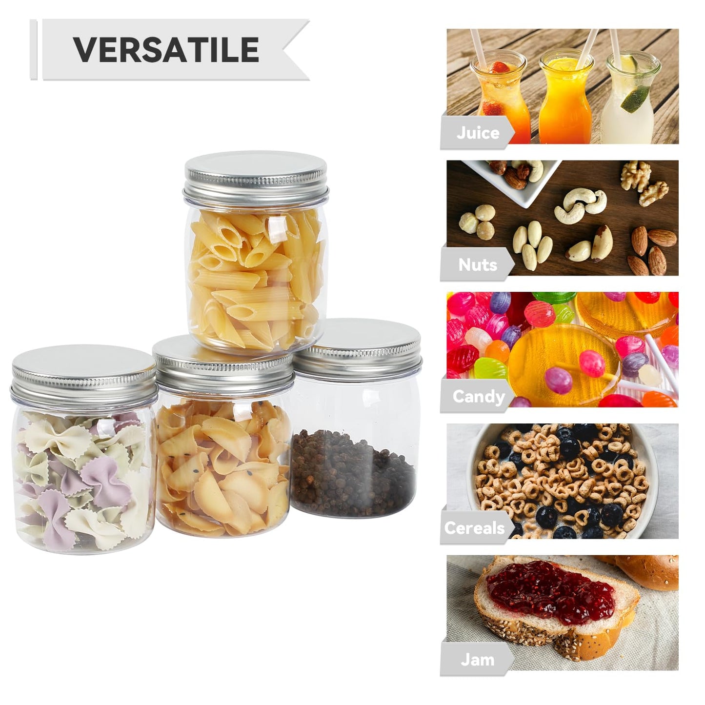 novelinks 8 oz Clear Plastic Mason Jars with Lids, 48 Pack Small Plastic Containers with Lids 8oz, Slime Containers with Lids & Spice Jars for Kitchen Organization (48 Pack,Silver)