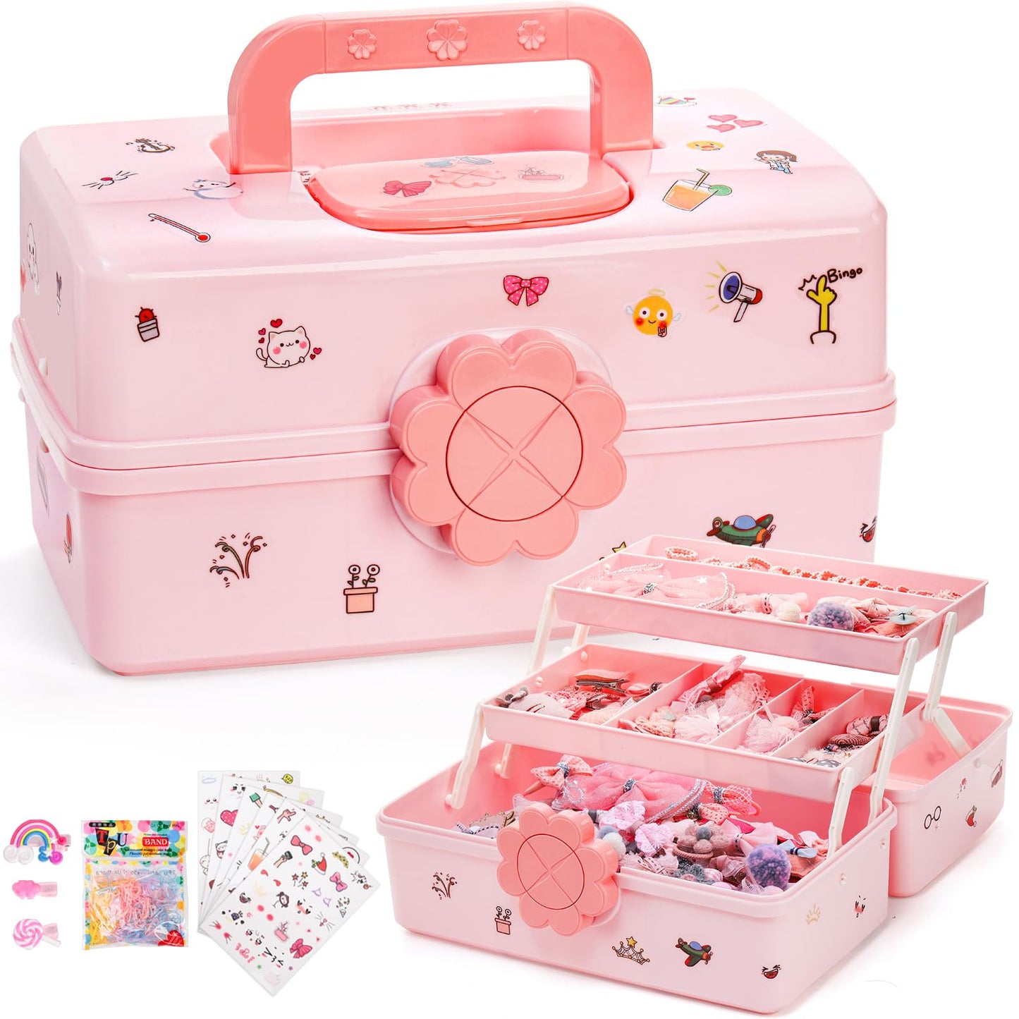ZOOFOX Cute Hair Accessories Organizer for Girls, 3-Layers Pink Craft Storage Container with Handle, Lockable Storage Box for Hair Clip, Headband, Scrunchie, Cosmetic, Sewing, Toy, Washi Tape