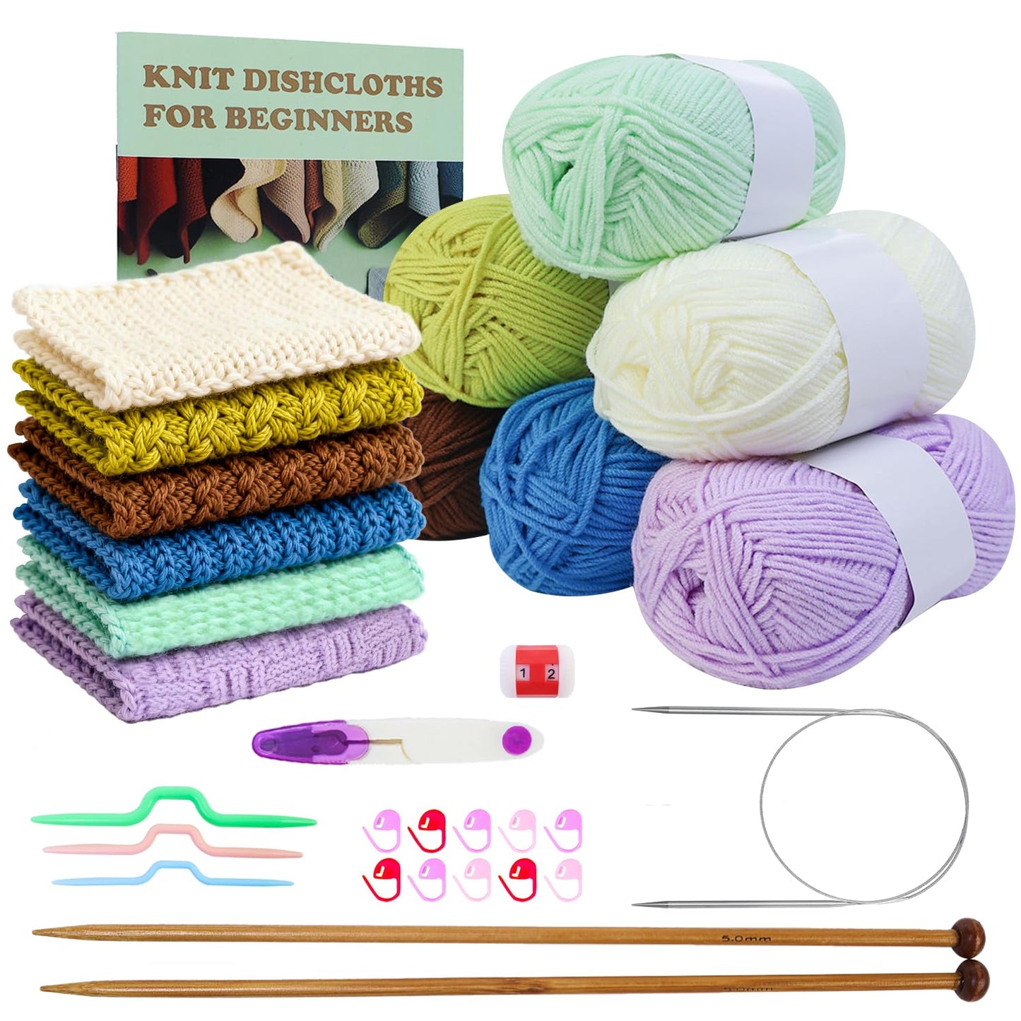 Lewhoo Knitting Kit for Beginners,Learn to Knit Kit for 6 Patterns Dishcloth with Step-by-Step Instruction,Complete Knit Starter Kit -Including Yarn, Knitting Needle&Accessories