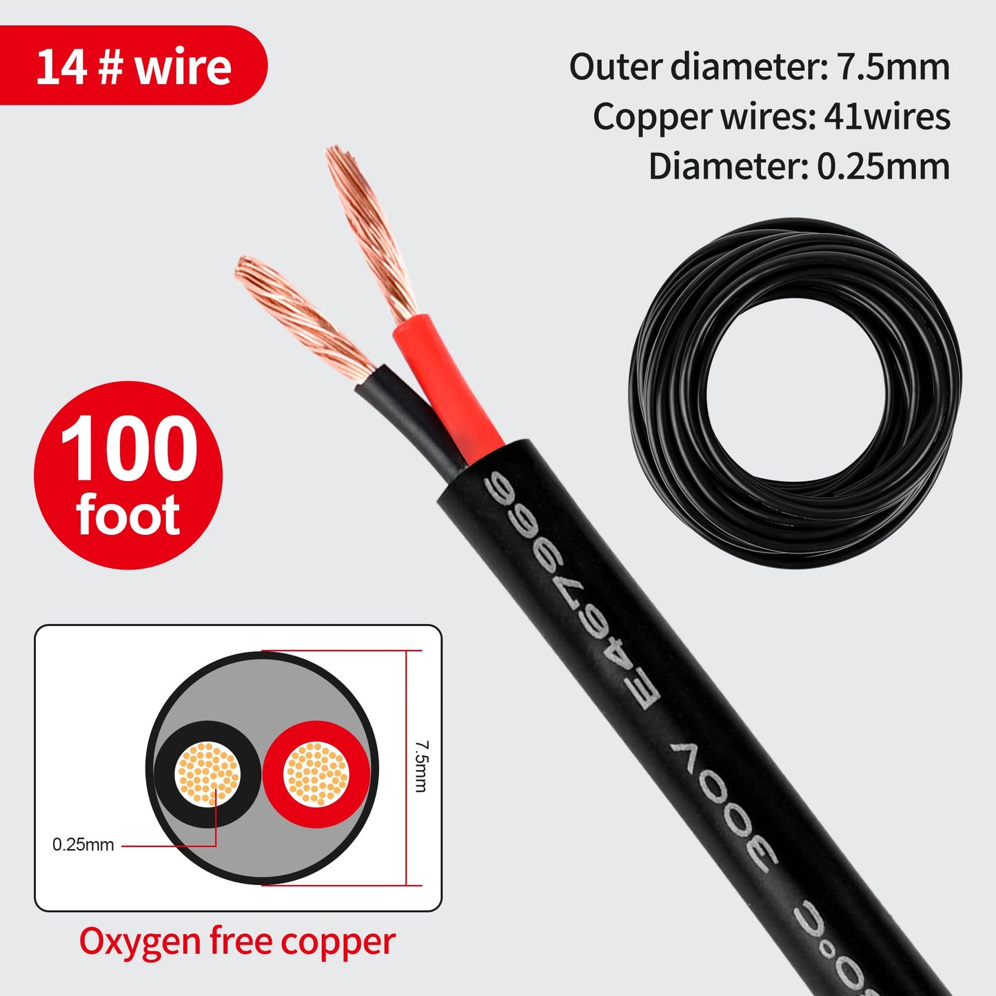 14 Gauge Wire 2 Conductor 14 AWG Electrical Wire Stranded PVC Cord Oxygen-Free Copper Cable 100FT Pure Copper Flexible Cable Wire Cord for LED Lamp Lighting Strips Automotive…