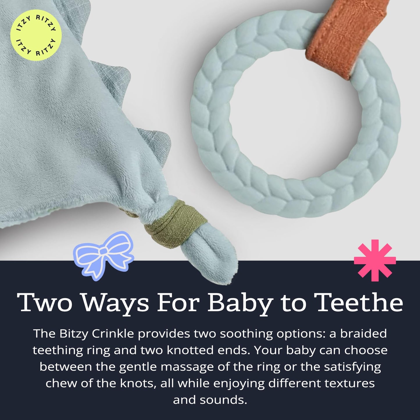 Itzy Ritzy - Bitzy Crinkle Sensory Toy Dinosaur with Crinkle Sound for Babies & Toddlers - Features Soft Braided Teething Ring & Textured Ribbons, Designed for Ages 0 Months and Up, Dinosaur