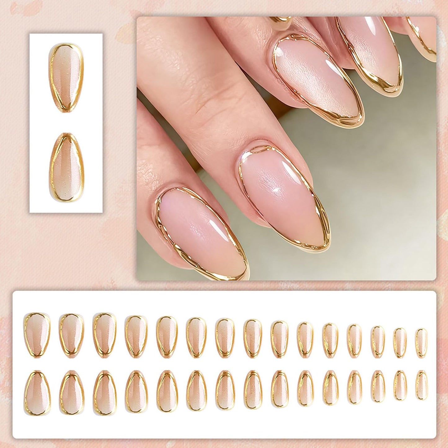 RUOKEXIN Almond Press on Nails French Tip Fake Nails Gold False Nails with Designs Medium Nail Press ons Sparkly Artificial Nails for Women 30Pcs