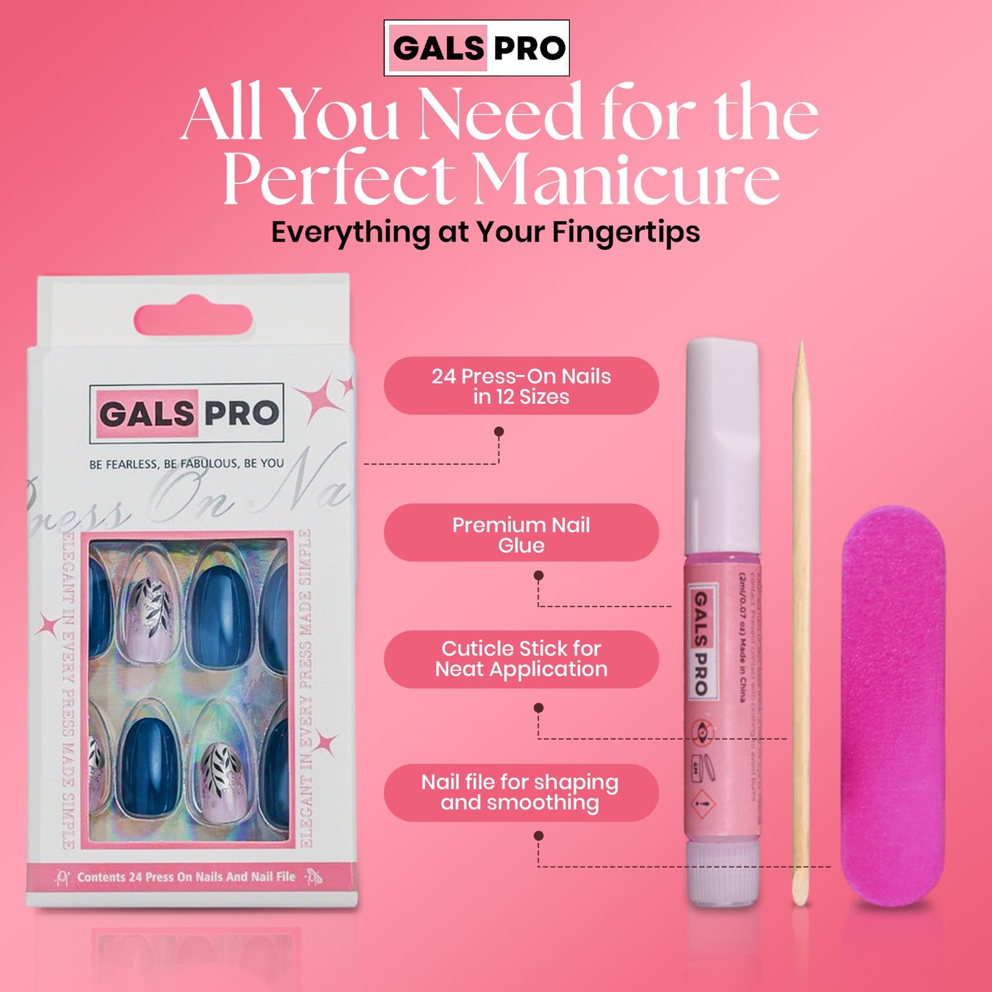 GALSPRO Short Press on Nails - Set of 24 Fake Nails with Designs in 12 Different Sizes for Perfect Fit, Cute False Nails Kit for Women with 0.07oz Nail Glue (LEAFY LUXE OVAL SHAPE, Short)