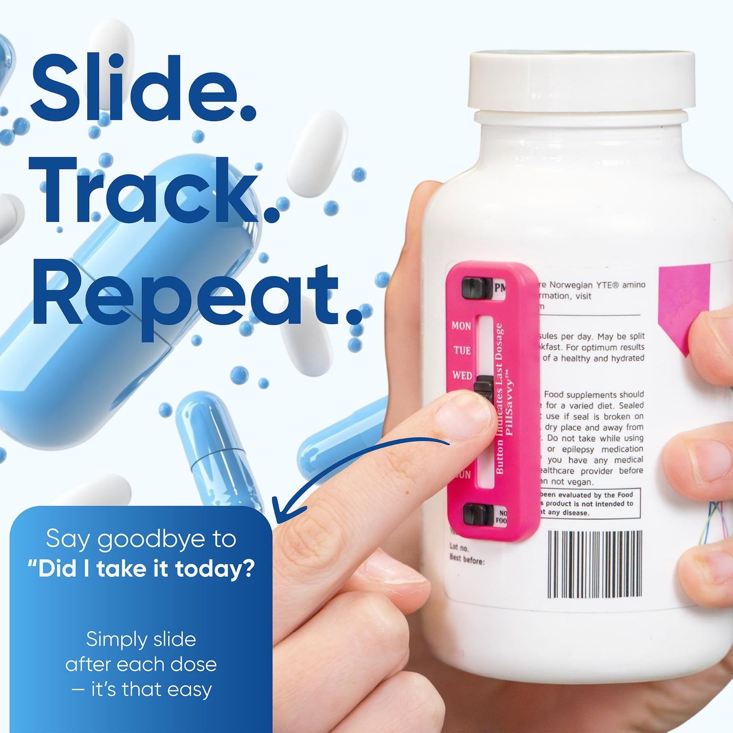 PillSavvy™ Daily Pill Tracker – Non-Digital, Reusable Medication Reminder for Bottles & Organizers – Easy to Use, Curved Back – Track Prescriptions, Vitamins, Supplements & Pet Meds (White, 2 Pack)