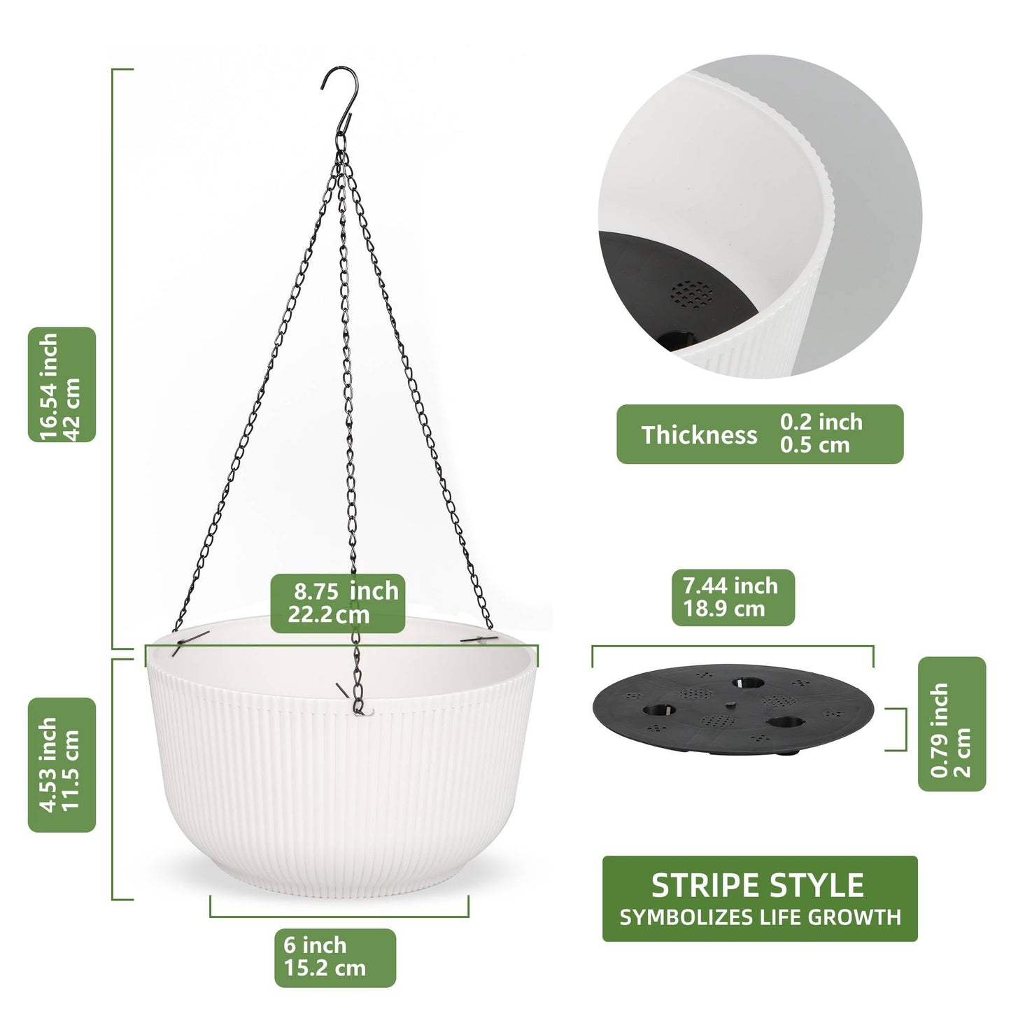 Dexceder 8.75 Inch Self Watering Hanging Planters Indoor Outdoor, Thickened Hanging Basket Flower Plant Pot (2 Pack, White)