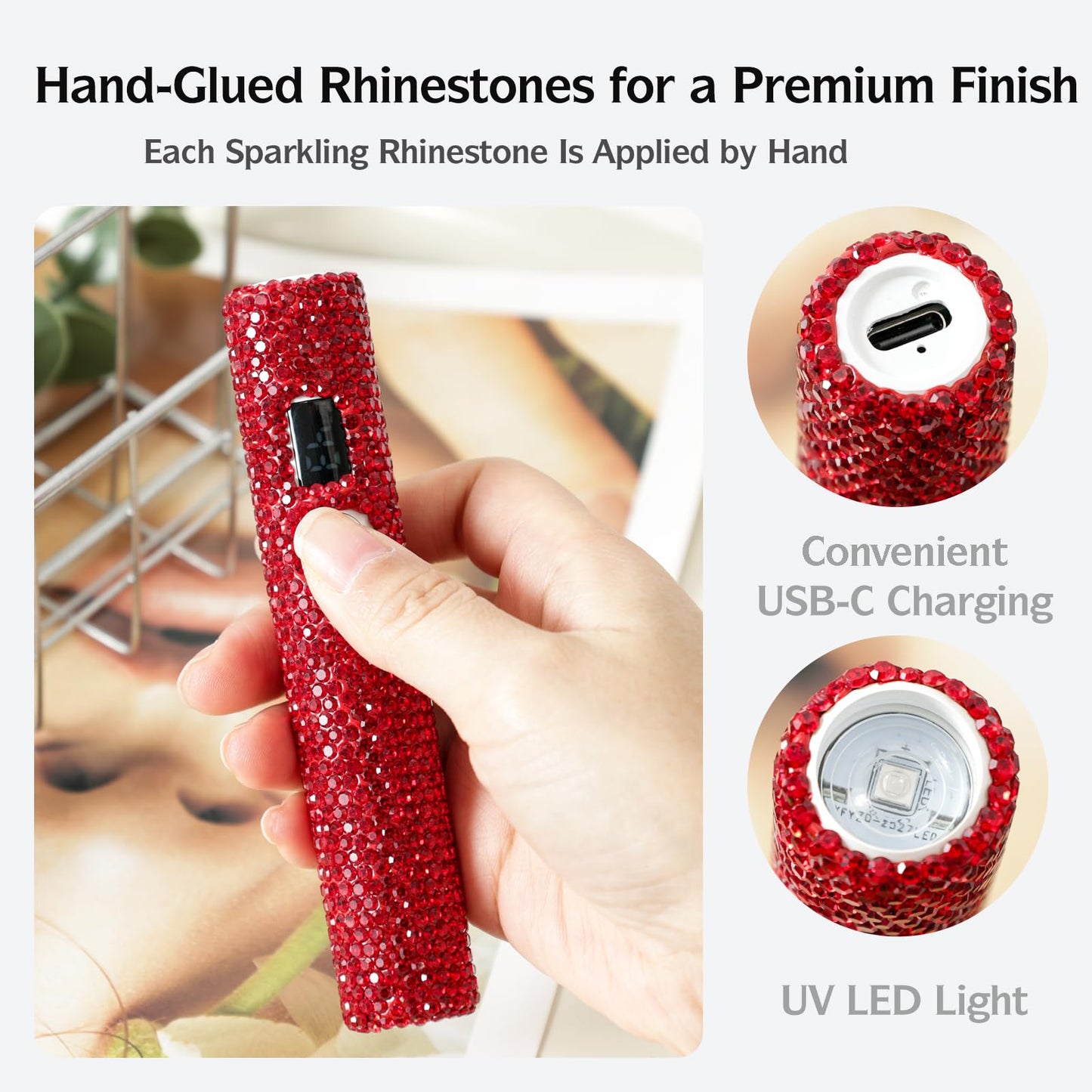 keeyada Handheld UV Nail Lamp with Sparkly Rhinestones, 3W Portable LED Nail Lamp, Wireless Rechargeable USB Nail Dryer with Silicone Stamper, LCD Display, Ideal for Home DIY Manicures (Red)