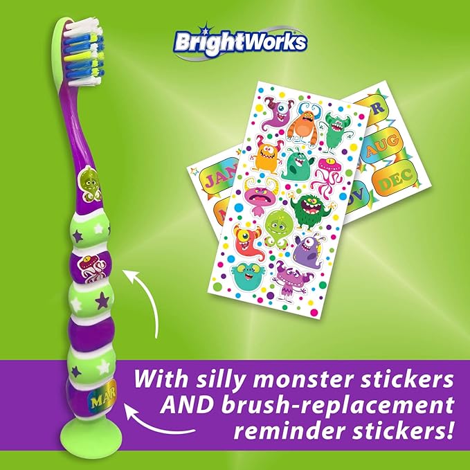 BrightWorks Kids’ Suction Cup Toothbrushes (10-Pack), Soft Bristles, with Bonus Fun Monster Stickers. Children’s Size, Vibrant, Multiple Colors.