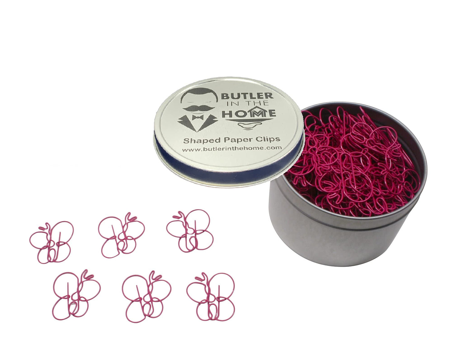 Butterfly Shaped Paper Clips (100 Count) – Pink Decorative Paper Clips for Office, School & Gifts – Round Tin Included – Butler in the Home