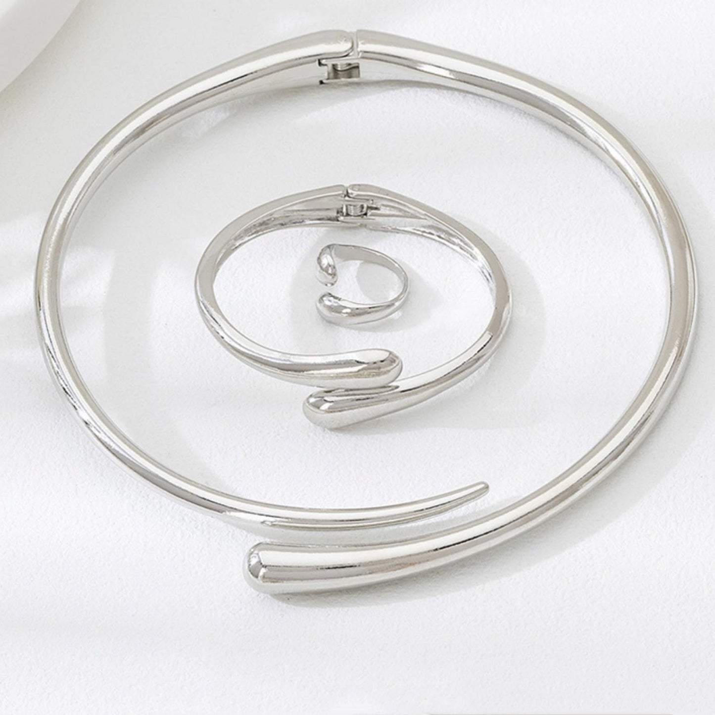 Hcrohihit Chunky Thick Cuff Bangle Bracelet for Women,Minimalist Adjustable Open Cuff Bracelet and Ring Collar Set,Polished Statement Cuff Bangle,Fashion Jewelry (C Silver)
