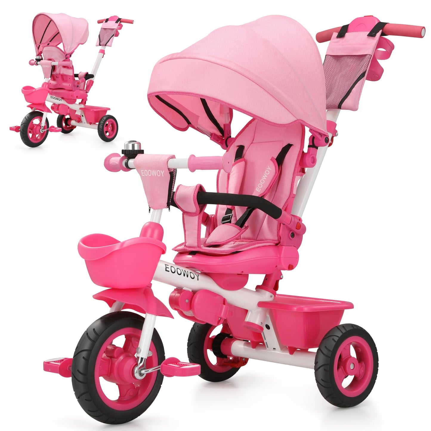 EOOWOY Toddler Tricycle with Push Handle, 7 in 1 Stroller Trike with 360° Swivel Seat, Reclining Backrest, All-Terrain Wheels, Dual Brakes, Canopy & Storage, Gift for Kids 18 Months to 5 Years, Pink