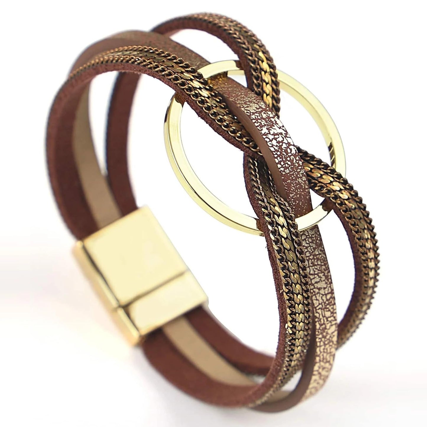 Leopard Bracelet for Women, Boho Leather Wrap Multi-Layer Pearl Crystal Bracelet Bangle Jewelry (Circle(Brown))