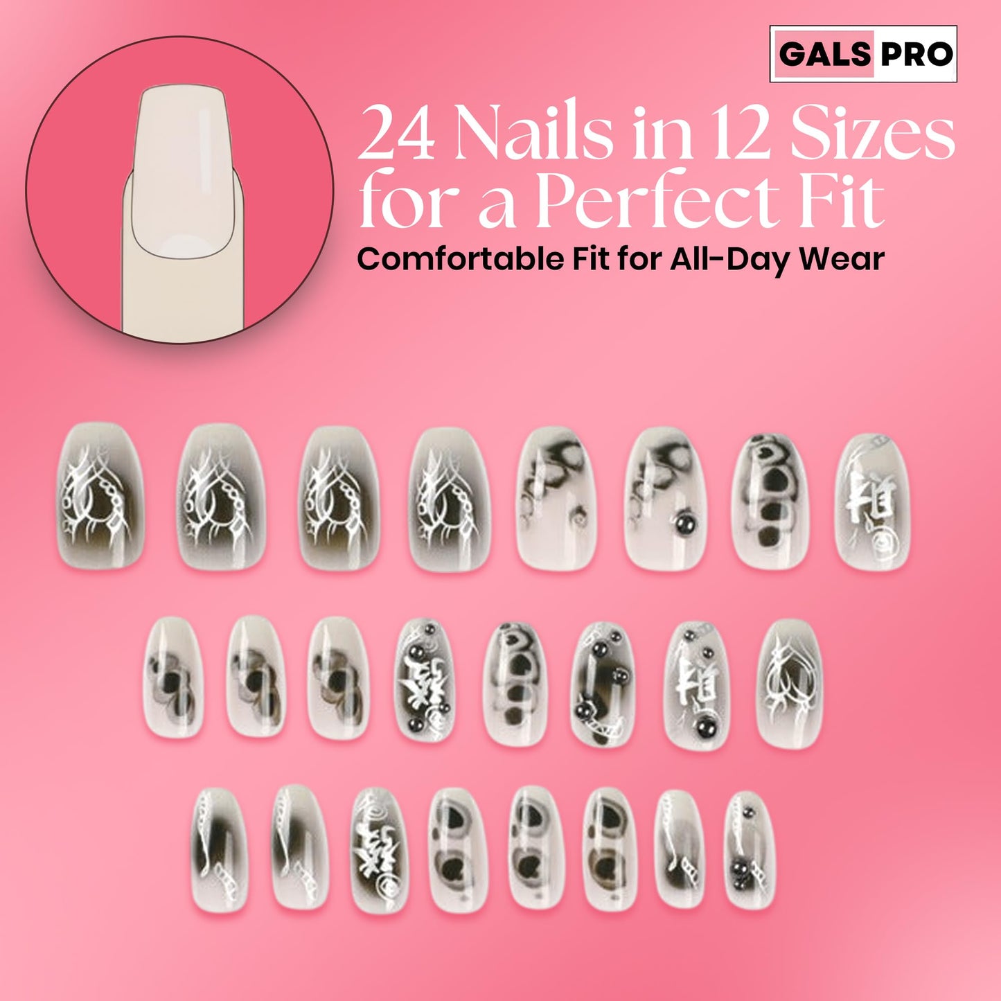 GALSPRO Short Press on Nails - Set of 24 Fake Nails with Designs in 12 Different Sizes for Perfect Fit, Cute False Nails Kit for Women with 0.07oz Nail Glue (MAKE A FORTUNE COFFIN SHAPE, Short)