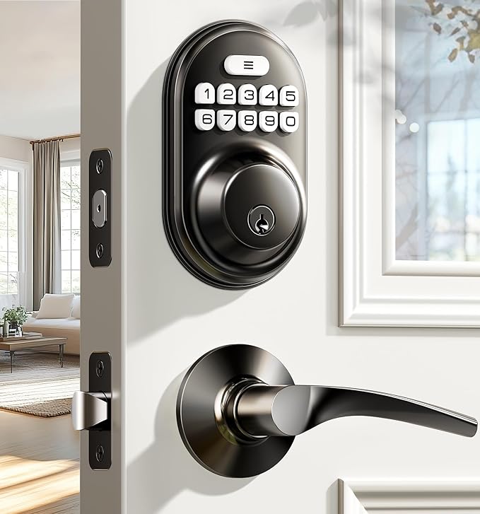 Veise Keyless Entry Door Lock with 2 Lever Handles - Electronic Keypad Deadbolt, Auto Lock, Back Lit & Easy Installation Design, Front Door Handle Sets, Matte Black