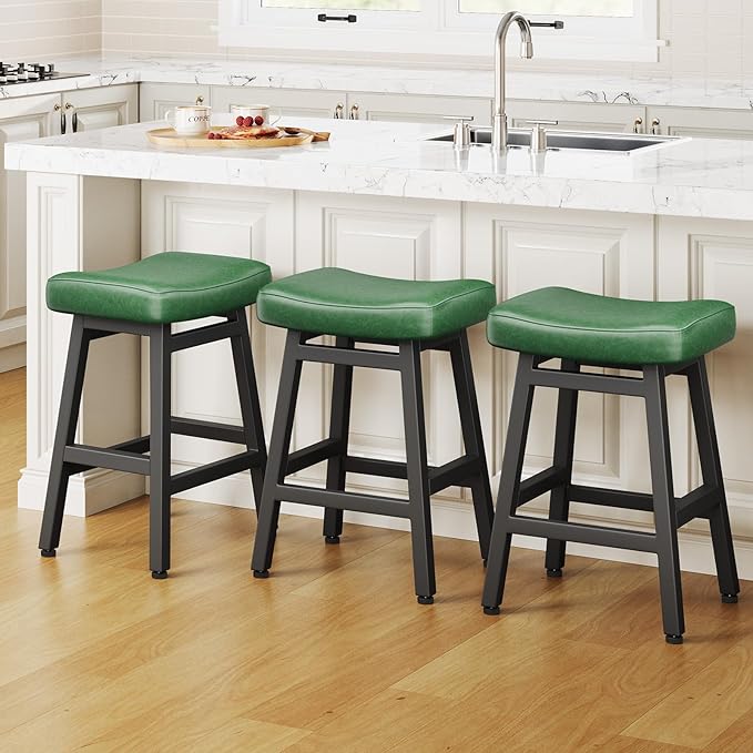 Counter Height Bar Stools Set of 3, 24 Inch Barstools for Kitchen Counter, Kitchen Stools with Faux Leather Saddle Seats & Heavy Duty Metal Legs, Easy Assembly, Forest Green