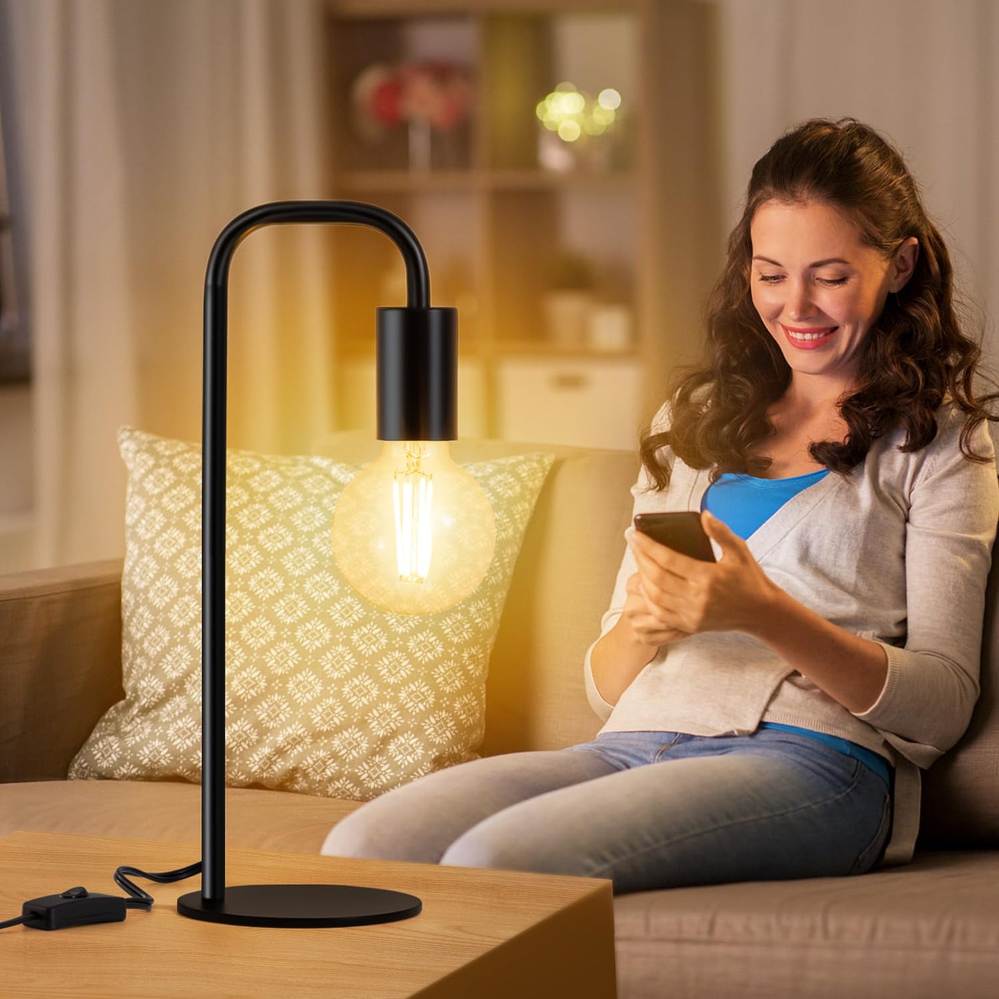Iporovon Industrial Table Lamp for Bedroom, Small Table Lamps for Bedside with Wire Switch, E26 Socket Base, Modern Nightstand Lamp for Living Room, Reading, Office, Bulb Not Included.
