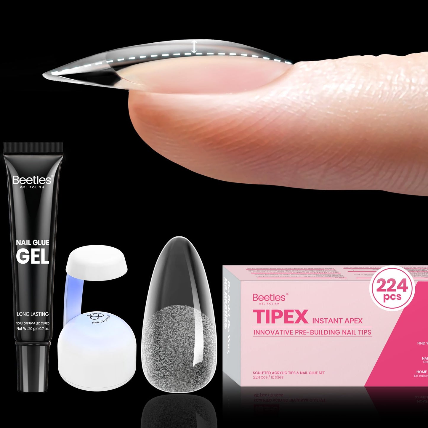 Beetles Tipex Nail Tips Kit Almond Medium, 224Pcs 16 Sizes,Pre-building Pre-Etched Strong Thicker Acrylic Tips with Mini U V Lamp Tipex Nail Glue