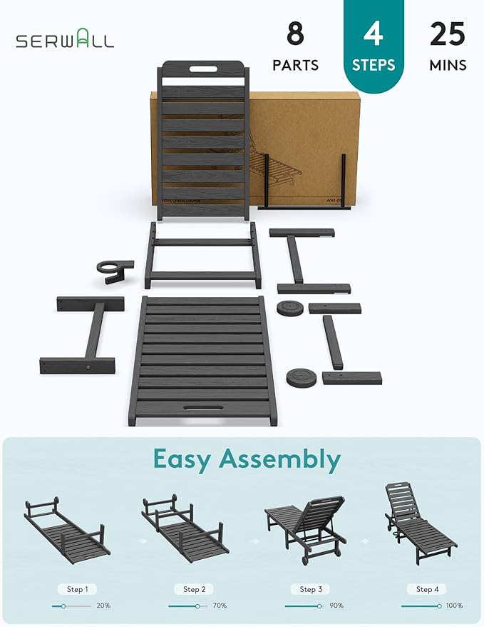 SERWALL Outdoor Chaise Lounge Set of 2, All-Weather HDPE Pool Lounge Chairs with 5-Position Adjustable Reclining Backrest, Rolling Wheels & Cup Holder for Poolside, Grey