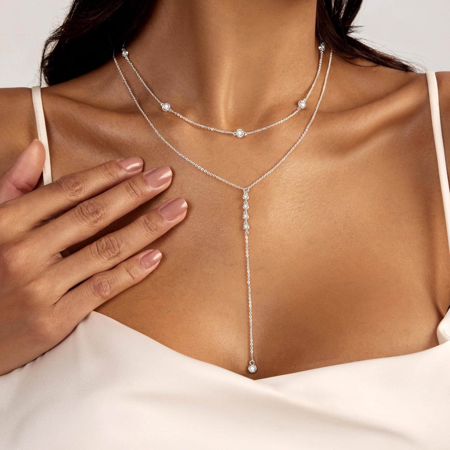 Airmb Long Silver Necklace for Women- Dainty Silver Drop Lariat Necklace Trendy Layered Simple CZ Y-Shaped Body Chain Stack Wedding Prom Dangle Statement Necklace Jewelry Gifts
