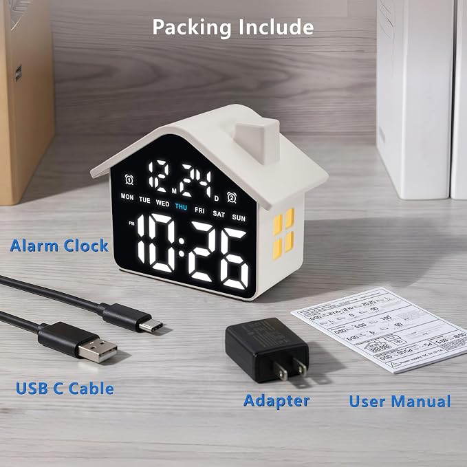 Plumeet Digital Alarm Clock, Bedroom Clock with Large Numbers, Date, Week, Dual Alarms, Dimmer and Ambient Light, House-Shaped Electric Bedside Desk Clock, Adapter Batteries Powered, White