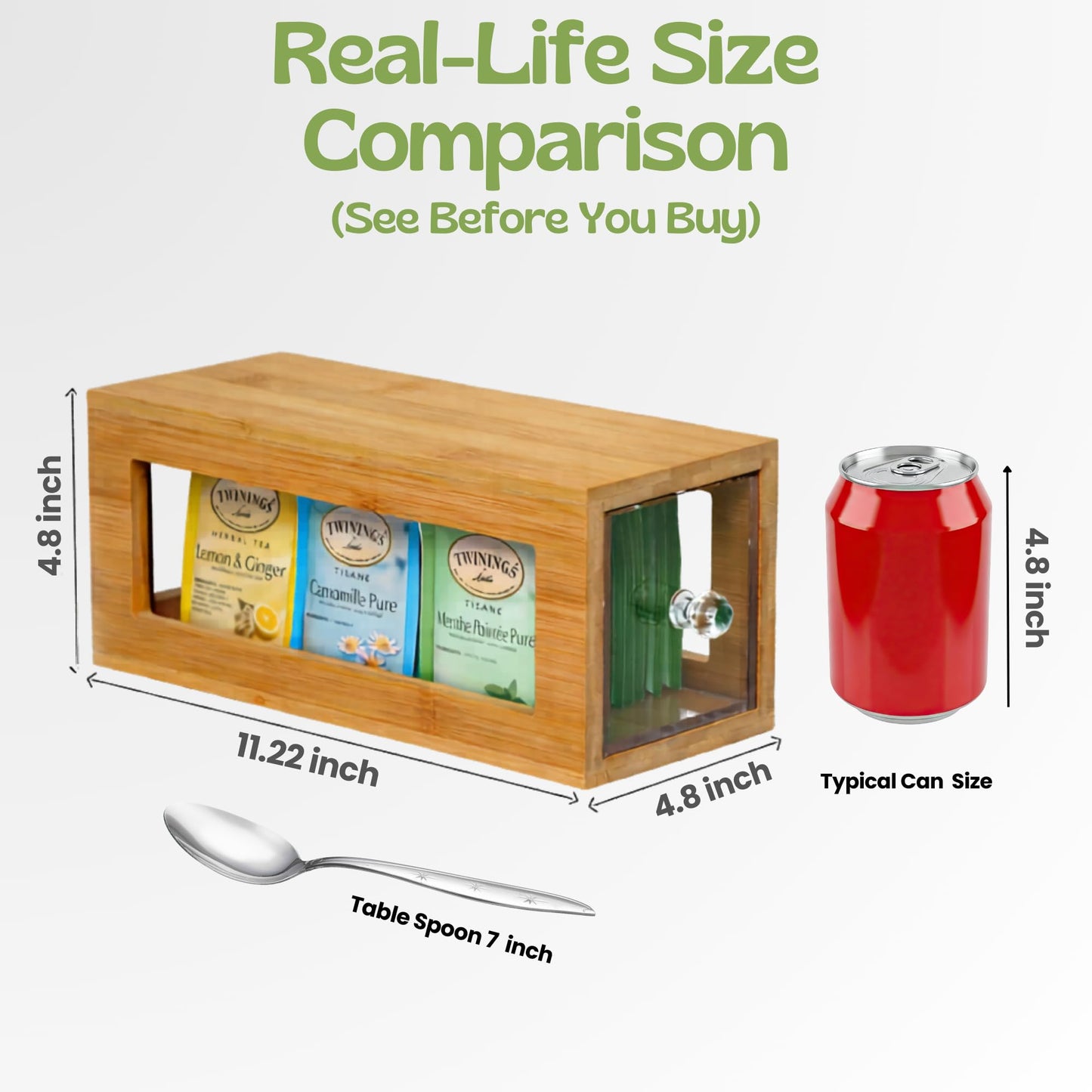 Serenica Homes Bamboo and Acrylic Drawer Tea Bag Holder- Durable & Elegant Tea Bag Storage Holder for Kitchen Countertop, Space-Saving Tea Drawer Organizer
