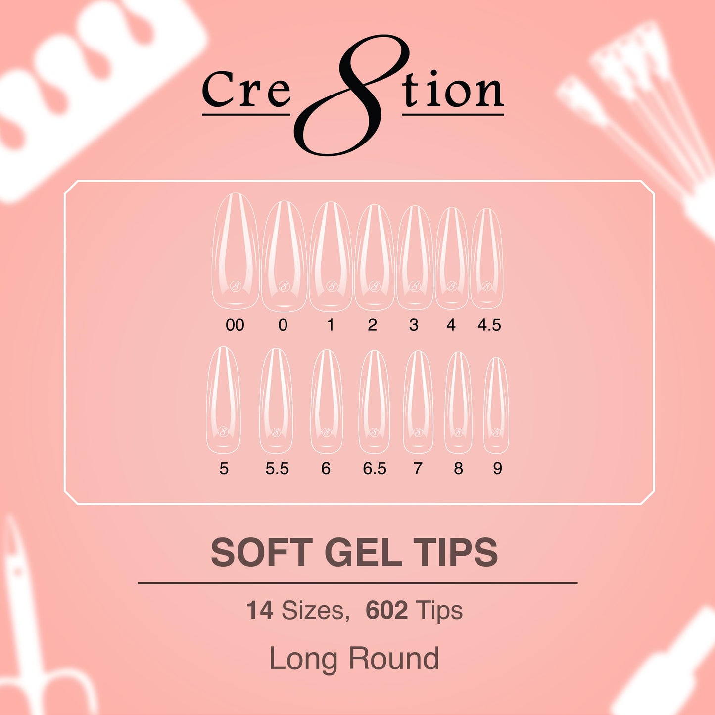 Cre8tion Soft Gel Nail Tips, Long Round Shape, 602 Tips in 14 Sizes (00-9) for Professional Nail Extensions