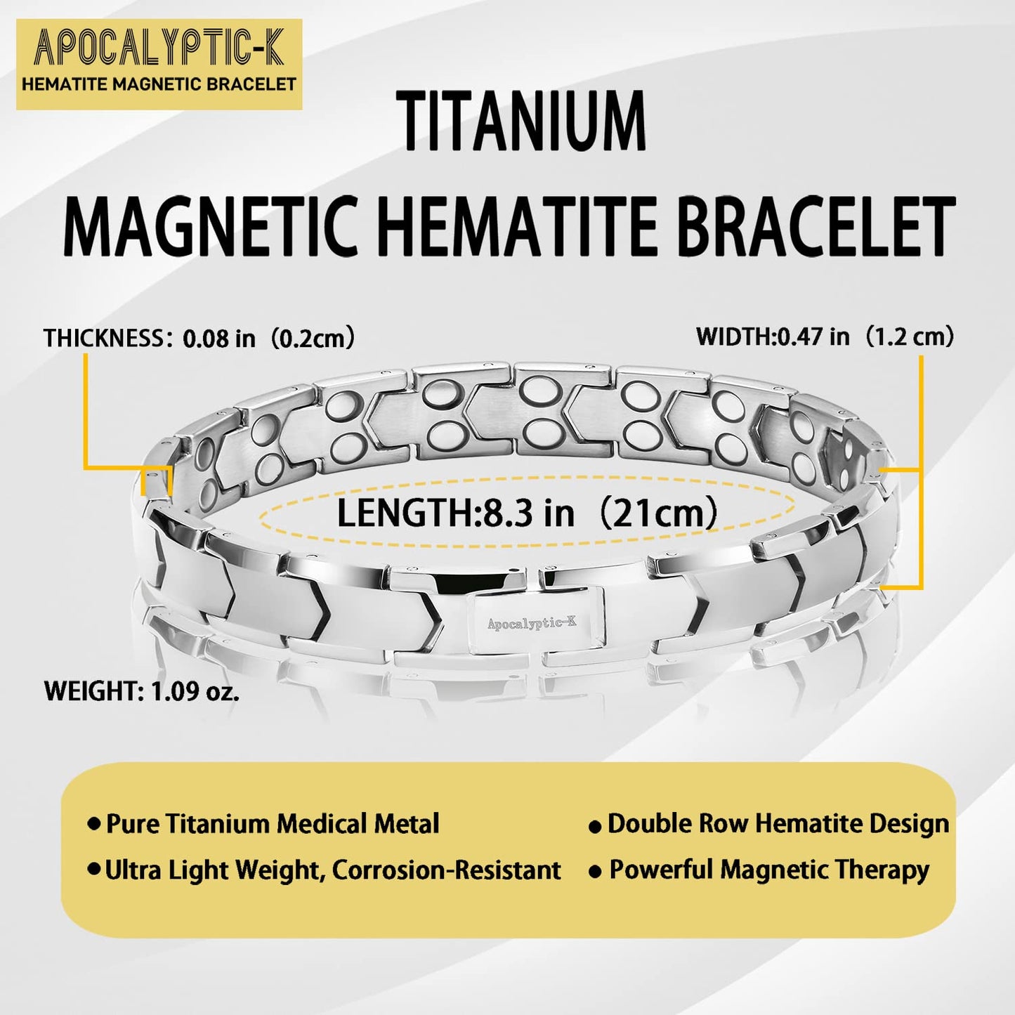 Apocalyptic-K ®Magnetic Therapy,Men's TITANIUM Magnetic Bracelets，Ultra Strength，Pure Titanium (Lightness),Eliminate Static Electricity (Silver Magnetic Bracelet)