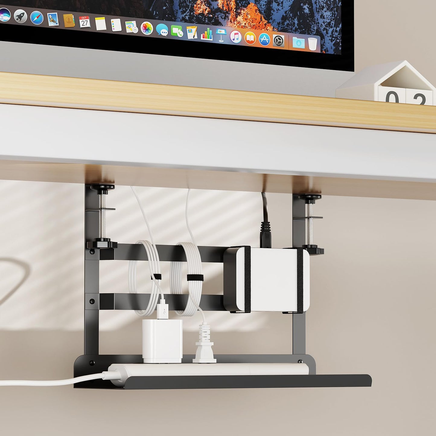 YECAYE Under Desk Cable Management Tray, No Drill Clamp Mount Metal Cable Management Tray with Desk Protection Pads, Under Desk Organizer Easy Installation with Hook & Loop Straps for Home Office