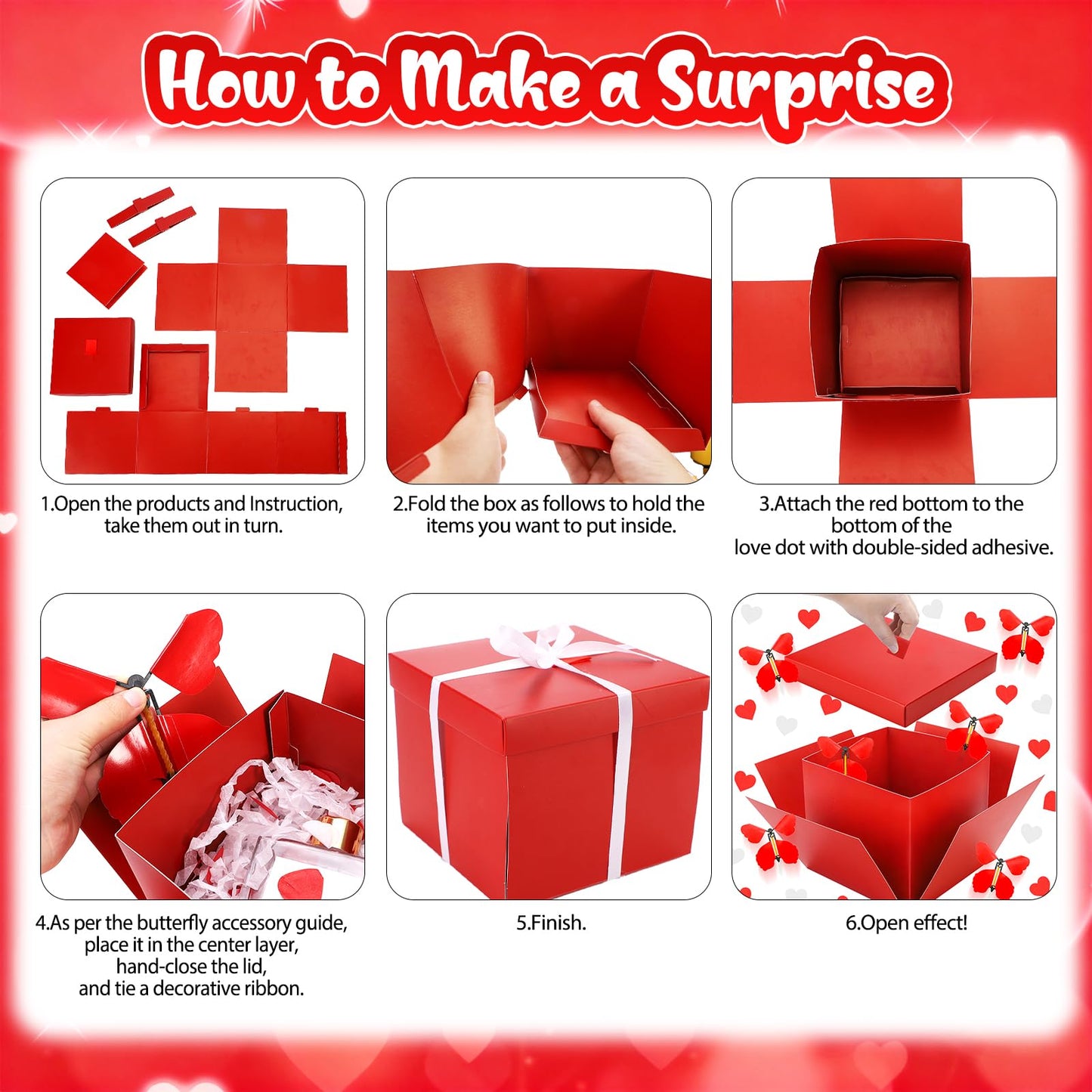 Red Flying Butterfly Explosion Gift Box, Love You, Unique Exploding Surprise Box with Love Heart and 4 PCS Butterflies for Valentine's Day, Birthday, Wedding, Anniversaries