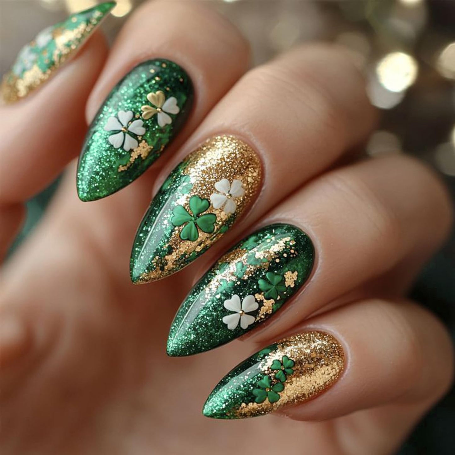 IMRAIN Press on Nails Medium Almond Fake Nails Green Golden Sequins, Clover Designs Glossy Glue on Nails Full Cover Stick on False Nails