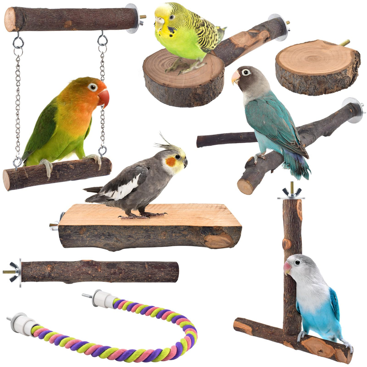 DBNESS Bird Perches, 8pcs Natural Wood Parrot Perch Stand Chewing Toys Cage Accessories Hanging Multi-Branch Perch Platform Swing Toy Rope Perches for Parakeet, Conures, Budgies