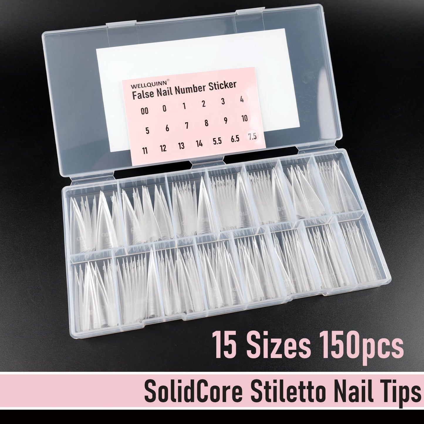 Wellquinn Stiletto Nail Tips Sharp Solid Core Stiletto Half Cover Press on Nails, XXL Clear Fake Acrylic Nails False Nail Tips for Nail Art Design Salon Artistic and Home DIY 15 Sizes