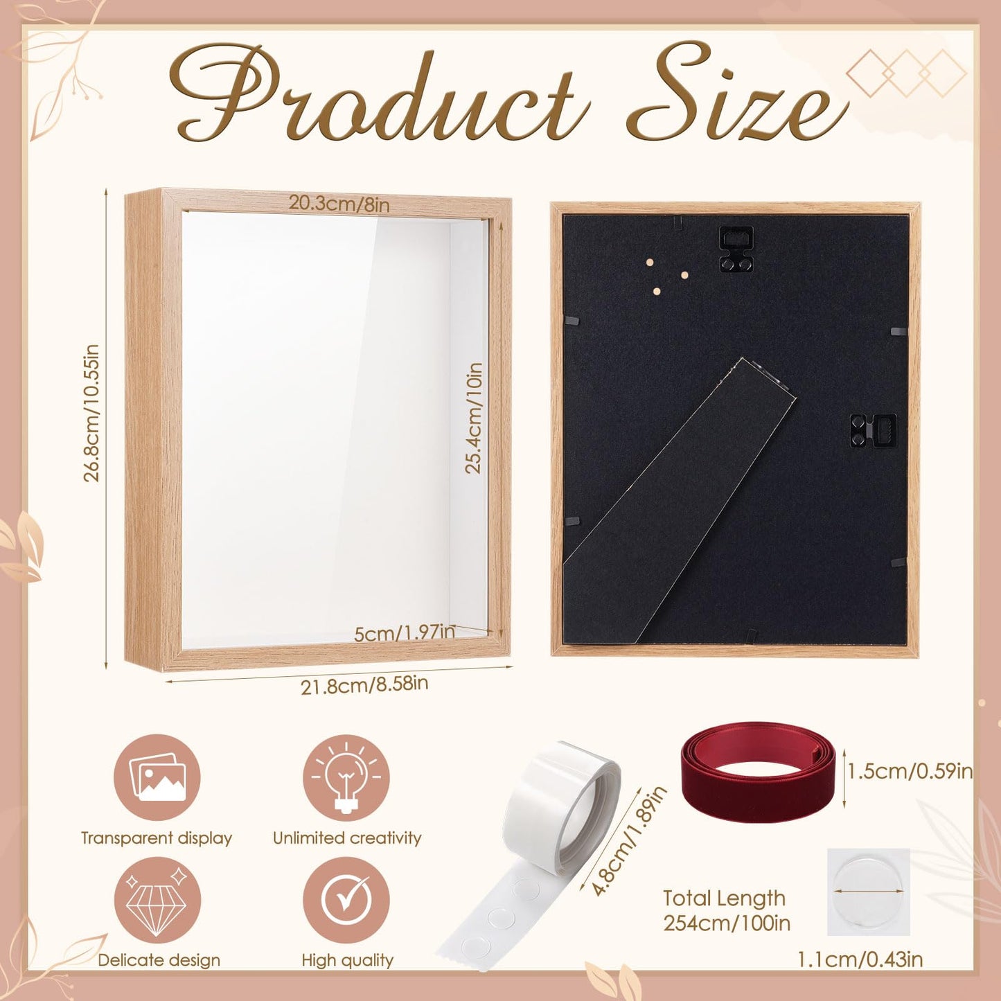 BrightRow 8"x10" Wedding Shadow Box Frame Flower Display Case Kit, DIY Wood Color Picture Gift Box with Lid Deep Glass Case Red Velvet Ribbon for Gift Wrapping Craft Bouquet Flower Keepsake Memory