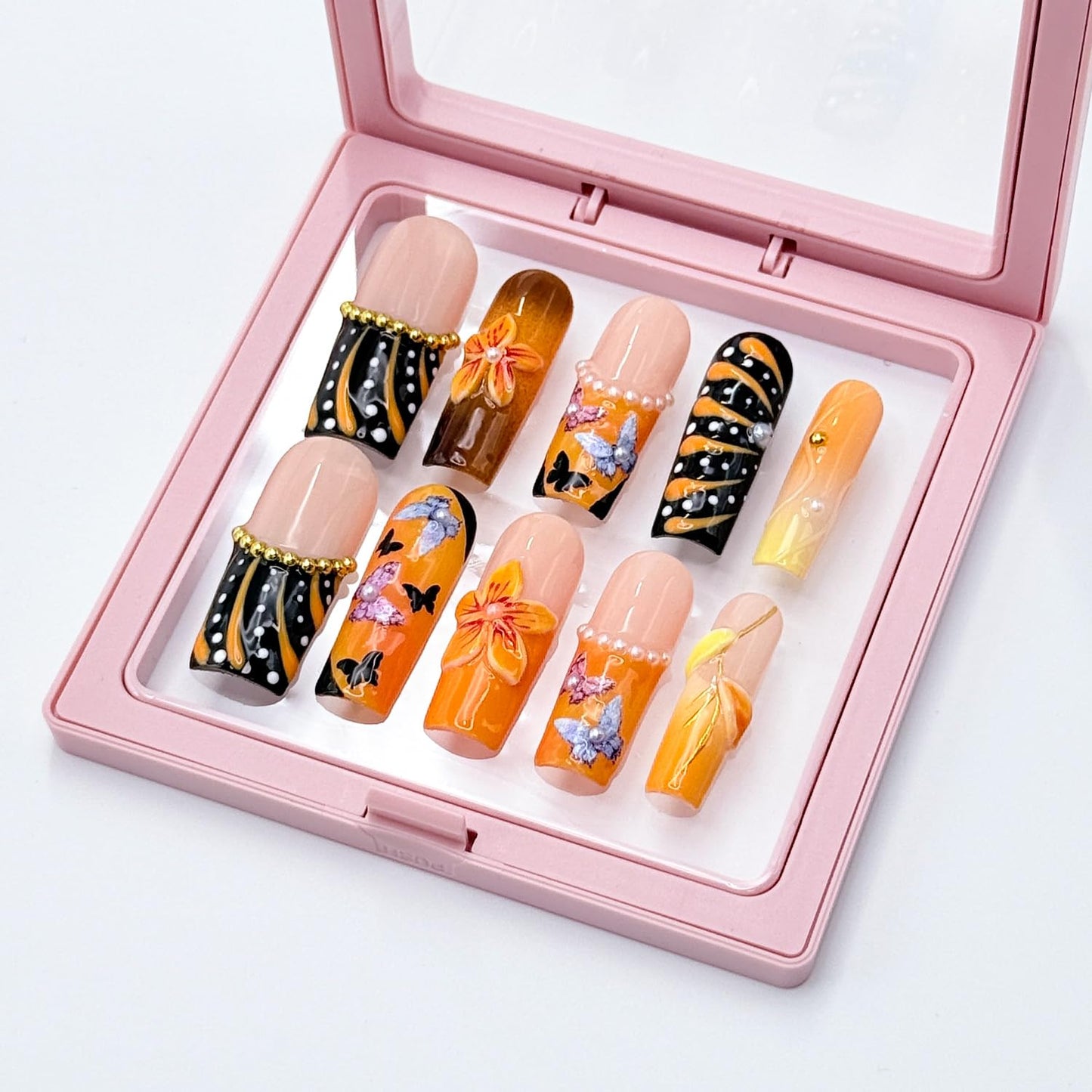Handmade Nails French Press on Nails Long Square Fake Nails with Glue,Glitter Butterfly False Nails with 3D Flower Designs Orange Thick Nails Reusable Nature Stick on Nail for Wome (Size S)