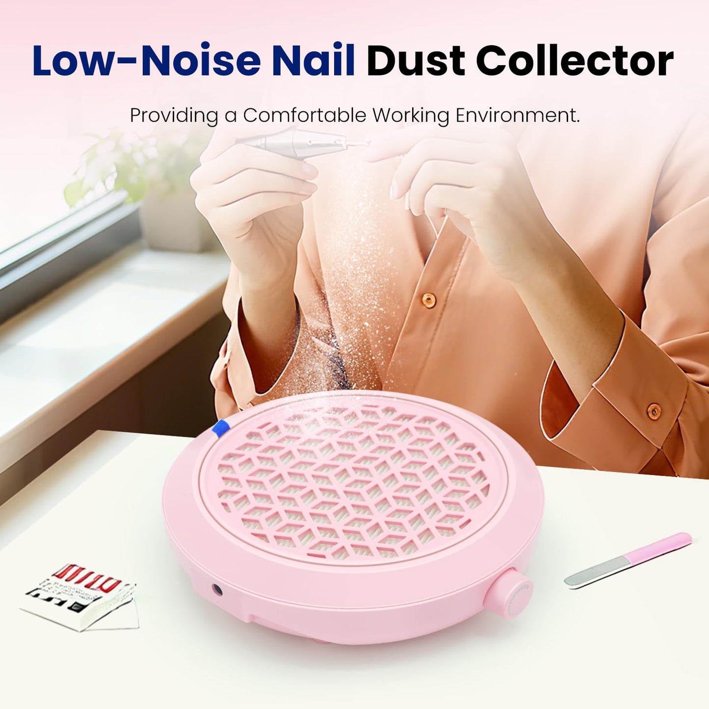 WISADA Nail Dust Collector, 4500RPM Powerful Suction Pink Nail Vacuum with Reusable Filter and Brush, Stepless Speed Control for Acrylics & Gels, Salon Tech & Home Essentials