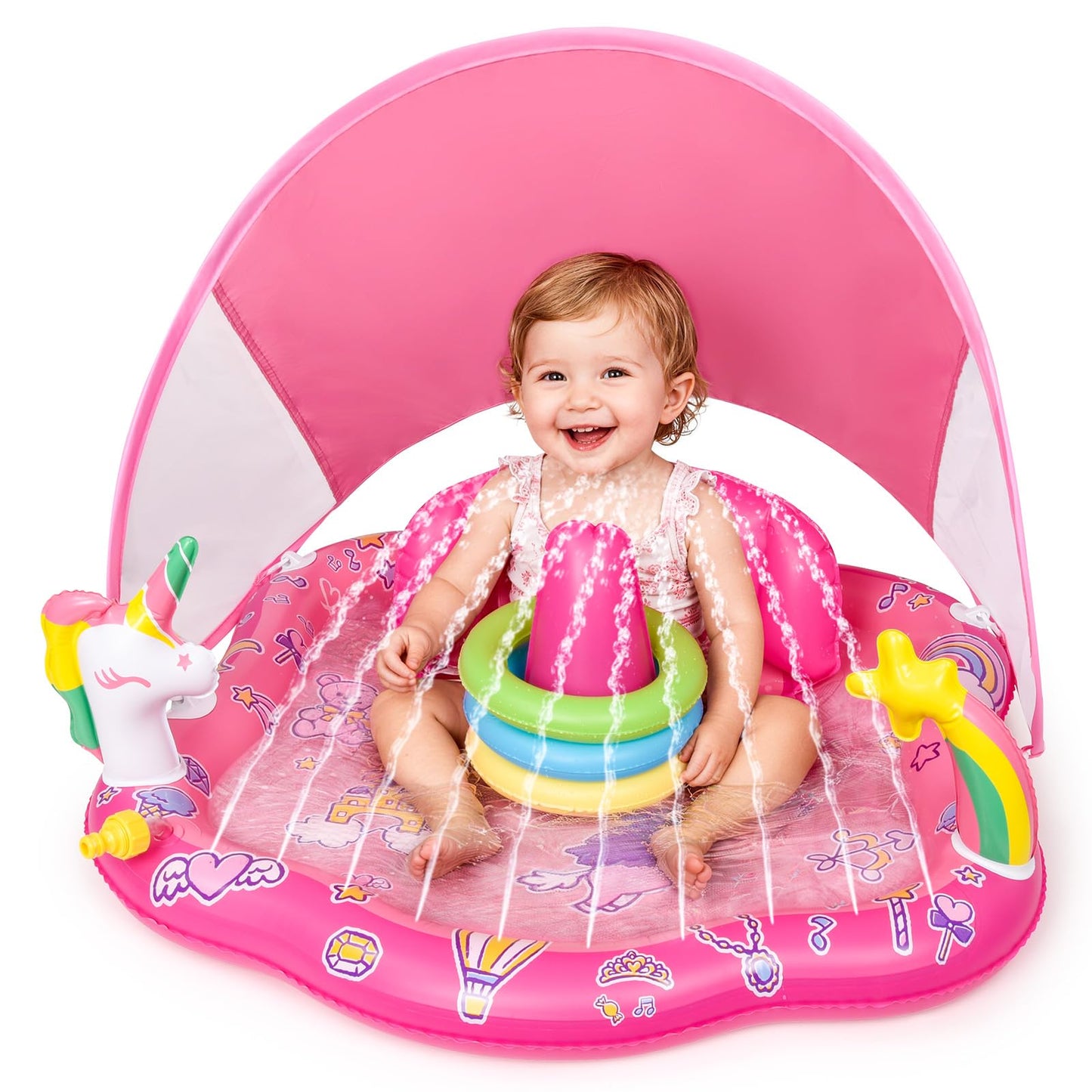 Baby Pool Float with Sprinkler, Inflatable Baby Splash Pad with Stackable Rings Game, Baby Splash Mat with Canopy & Backrest for Toddlers Garden, Beach, Backyard and Bathroom (Pink)