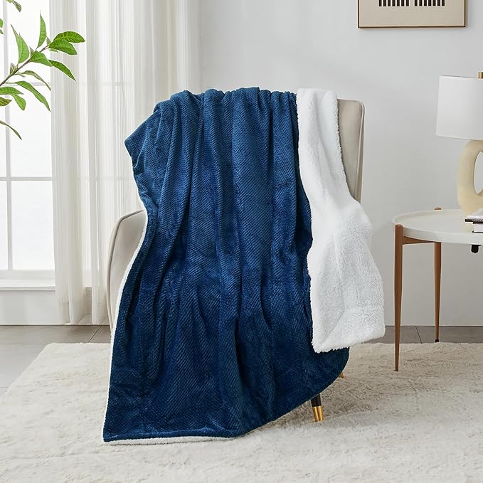 SOCHOW Waffle Sherpa Fleece Throw Blanket, Super Soft Fuzzy Warm, Lightweight Fluffy Reversible Plush Blanket for Bed Sofa Couch, 60 x 80 Inches Navy Blue