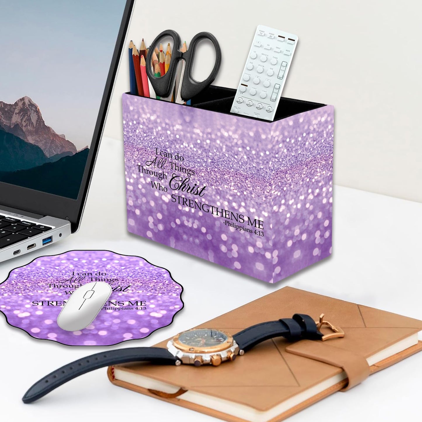 Pen Holder and Anti-Slip Mouse Pad Combination, Makeup Brush Storage Box, Tableware Storage Box, Suitable for Office and Home - Purple Glitter Quote Philippians 4-13