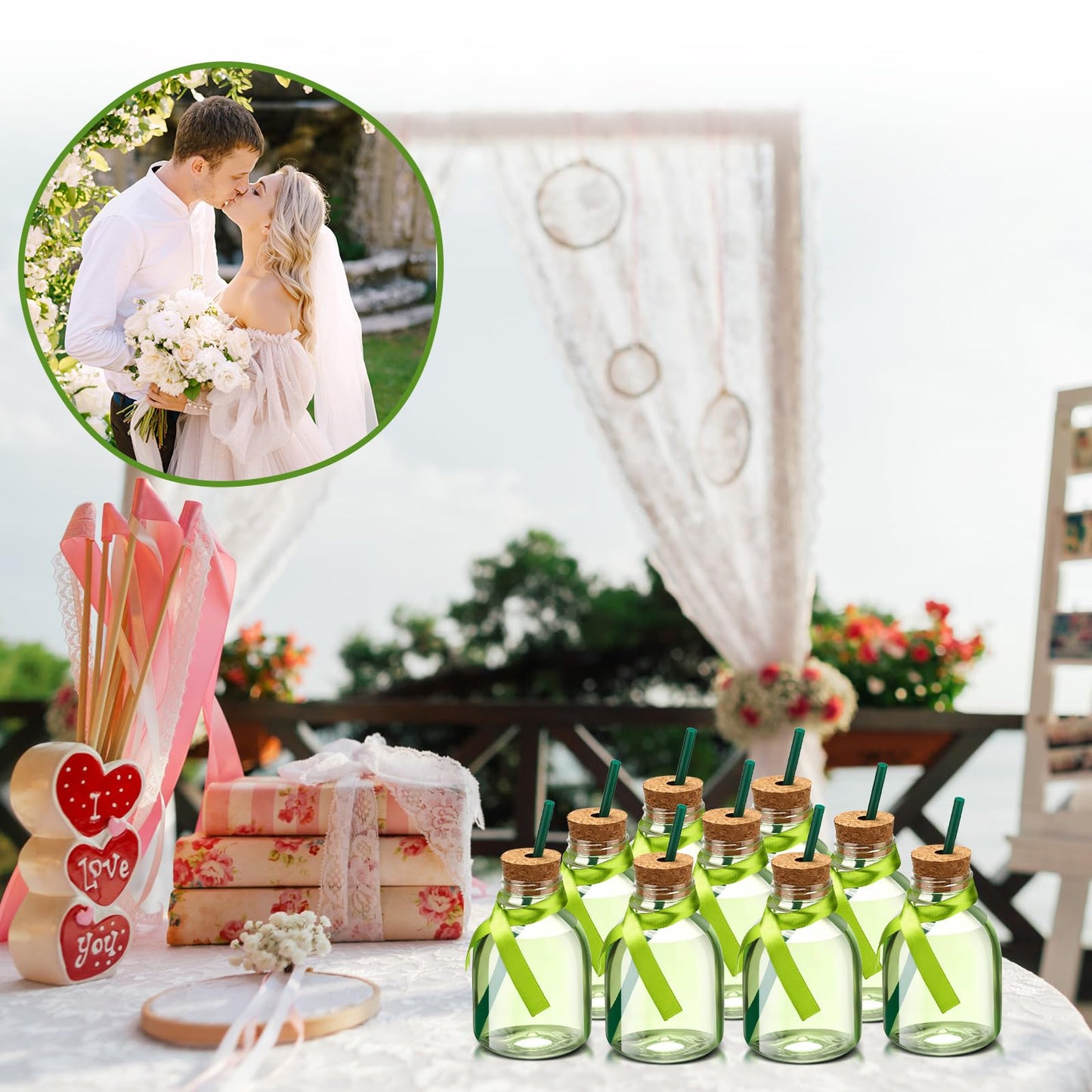 Vesici 24 Pcs Plastic Liquor Bottles with Cork and Straw Empty Juice Bottles for Drinks Reusable Mini Liquor Jar with Green Silk Ribbon for Wedding Party Personalized Decoration(10 oz)