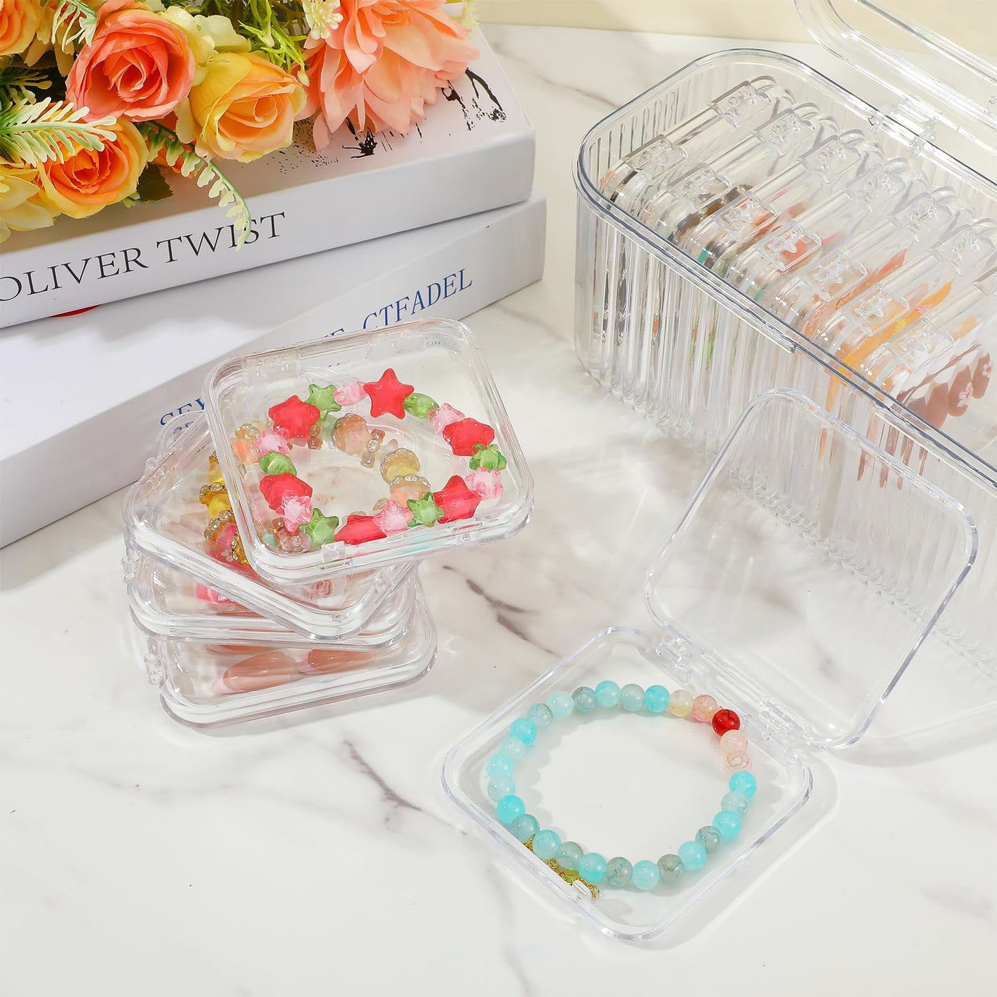 24 Pcs Clear Press On Nail Storage Box with 2 Large Organizers and 60 Adhesive Tapes, for Fake Nail Display, Nails Salon Packaging, and Nails Art Organization