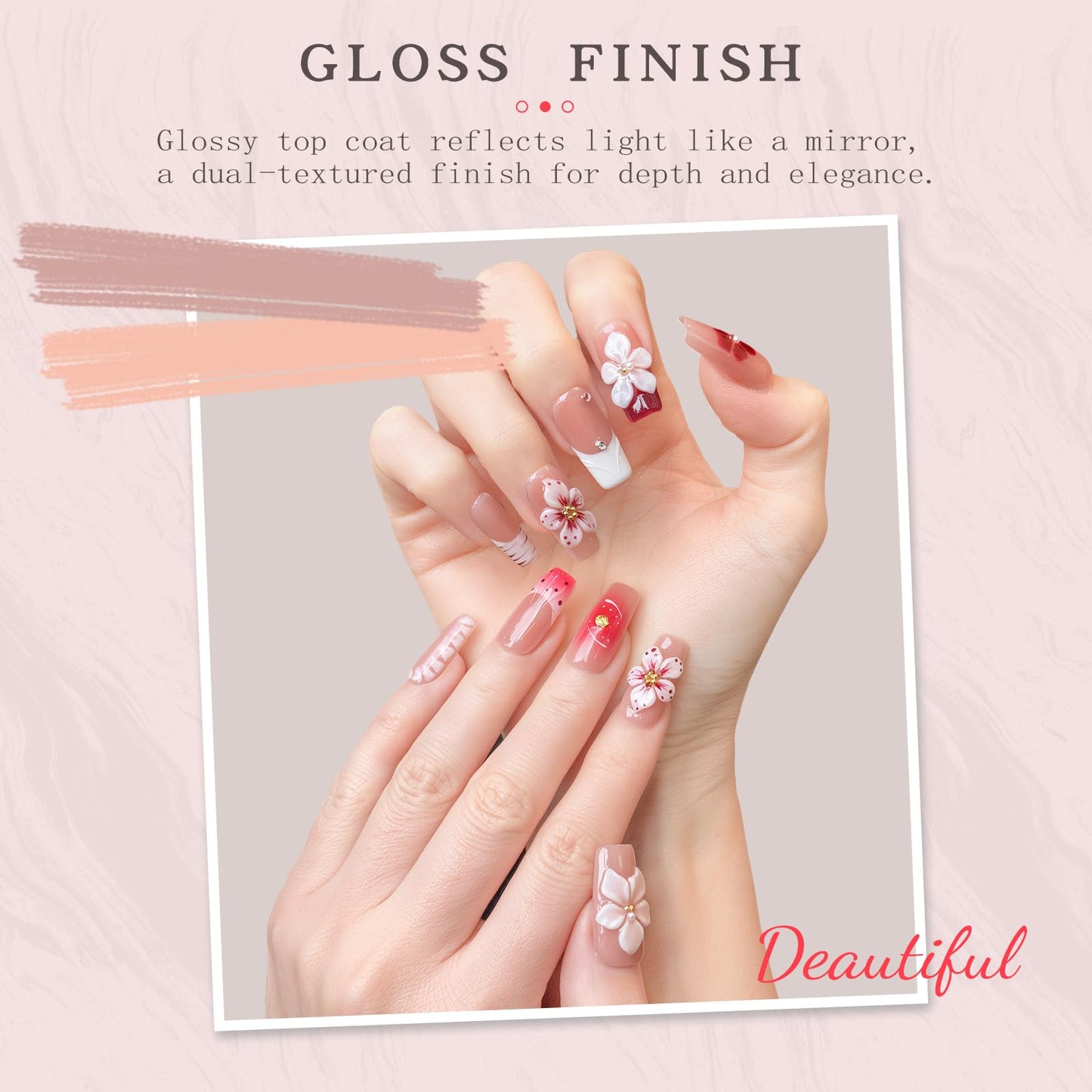 Nude Pink Handmade Press On Nails – Long Coffin Rhinestone & Flower Fake Nails, Full Cover Thick Acrylic & Multi-Layer Gel Stick On Nails Spring Pattern (M-10PCS)