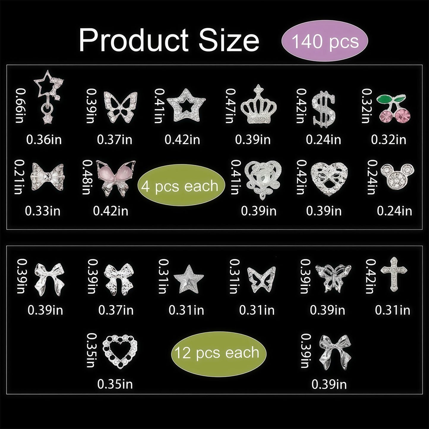 KINGNAME 140 Pcs 3D Nail Charms Silver Butterfly Bow Crown Star Rhinestone Set for Acrylic Nail Art DIY Salon Supplies