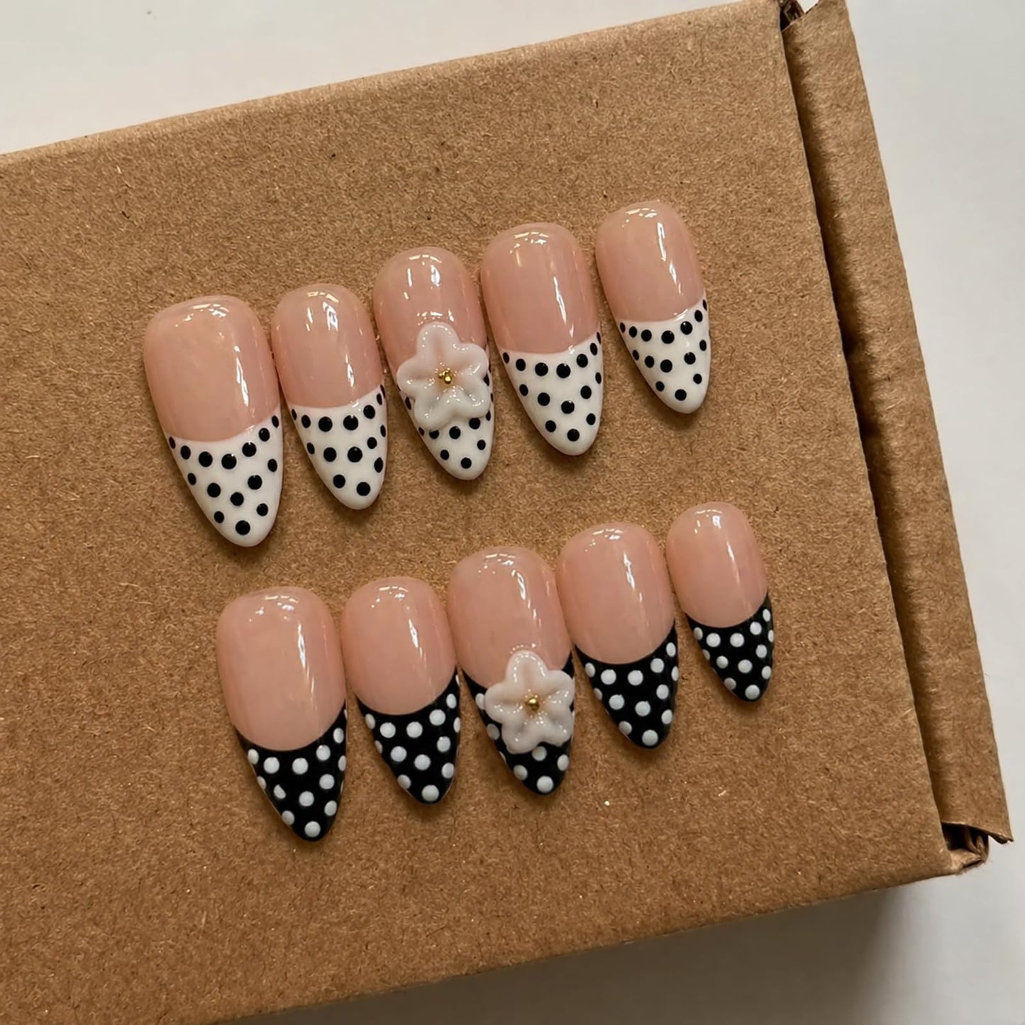 Luxury Press on Nails Medium Almond Handmade 3D Unique Reusable ABS Material Fake Nails French Tip False Nails with Floral Polka Dots Designs Black&White Glossy Glue on Nail Thick Acrylic Nail(S)