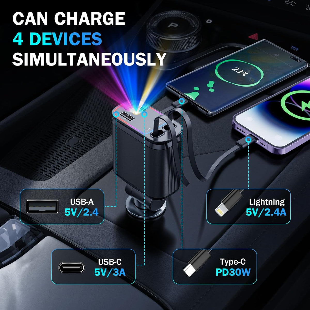 Car Charger with Starlight, 66W USB C Fast Car Chargers Adapter, 4 in 1 Retractable Car Charger with 2 USB Ports for iPhone16/15/14/13/12/11 and for Android (Black)