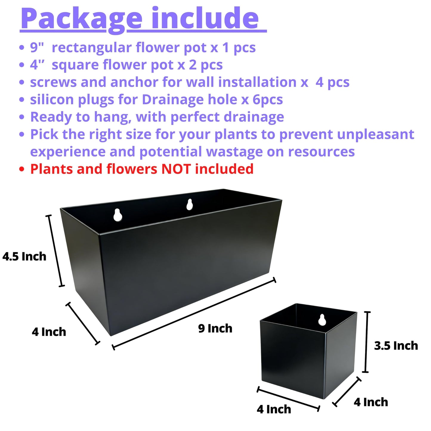 LaLaGreen Wall Planters (3 Set) Rectangular Wall Mounted Hanging Flower Boxes for Indoor Plants, Black Carbon Steel Metal Windox Box Planter Plant Pot Modern Balcony Windowsill Herb Home Garden Decor