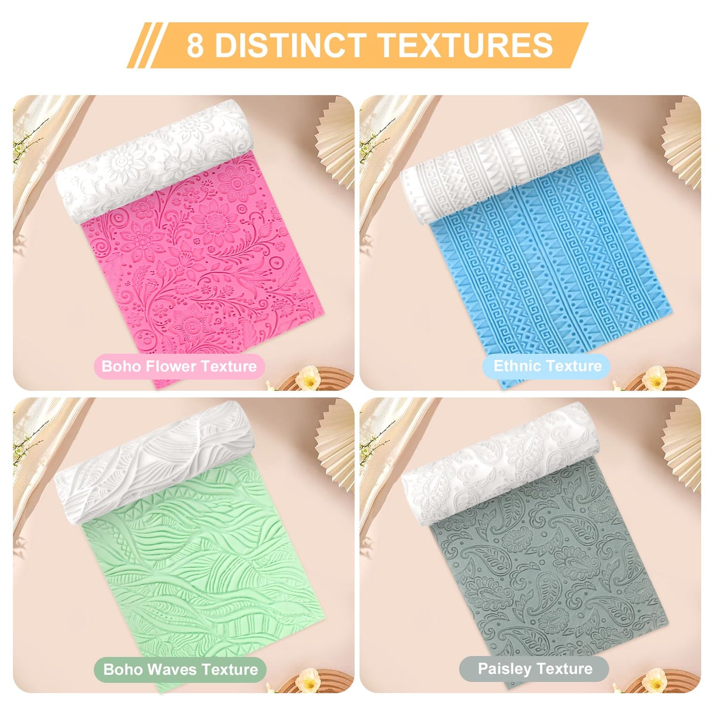 8 Pcs Polymer Clay Texture Roller, Texture Roller for Clay, Pottery Texture Rollers for Jewelry Making, Like Texture Sheets, Work with Polymer Clay Cutters (YANSH PROGLOBAL) (Complex Texture)