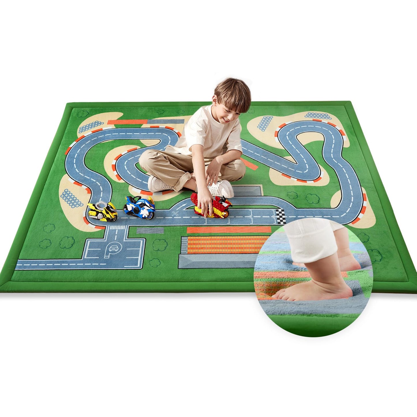 PaPaMat 1.3" Thick Educational Baby Floor Play Mat 79x118, Basic Padded Memory Foam Kids Mat, Large Non-Slip Plush Playmat for Nursery Playroom Classroom (Race Track)
