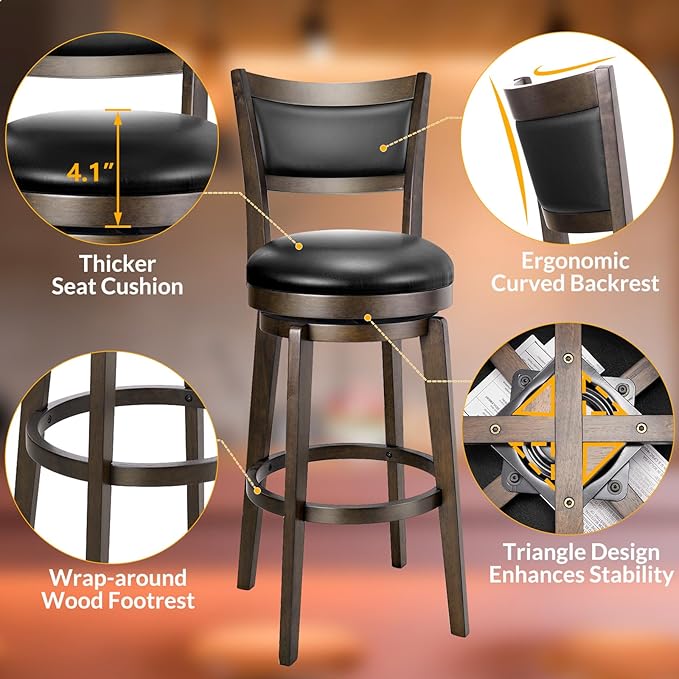 PrimeZone Swivel Bar Stools Set of 2, 30 Inch Bar Height Barstools, Black Faux Leather Bar Stool with High Backrest & Solid Wood Legs & Wrap-Around Footrest, Counter Stools for Kitchen Island, Pub